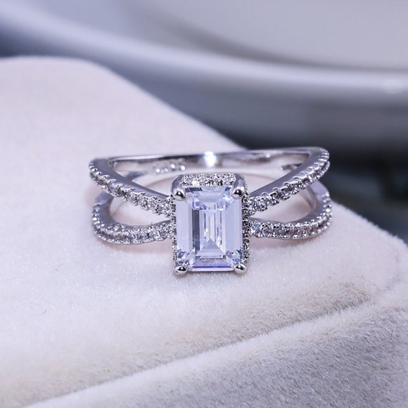 Trendy Double Layer Cross Rectangle Radiant Cut Silver Ring for Women, V… - Picture 1 of 6